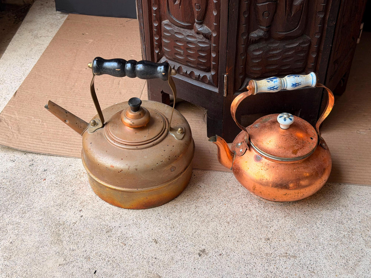 Vintage English Simplex Solid Copper Tea Kettle Set Porcelain Handle Pair 8.5"