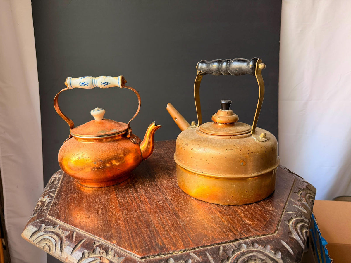 Vintage English Simplex Solid Copper Tea Kettle Set Porcelain Handle Pair 8.5"