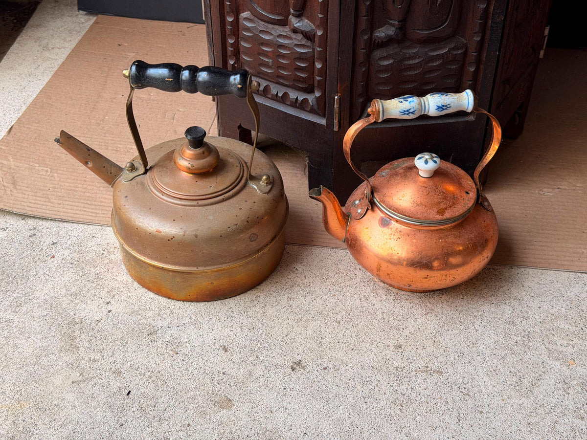 Vintage English Simplex Solid Copper Tea Kettle Set Porcelain Handle Pair 8.5"