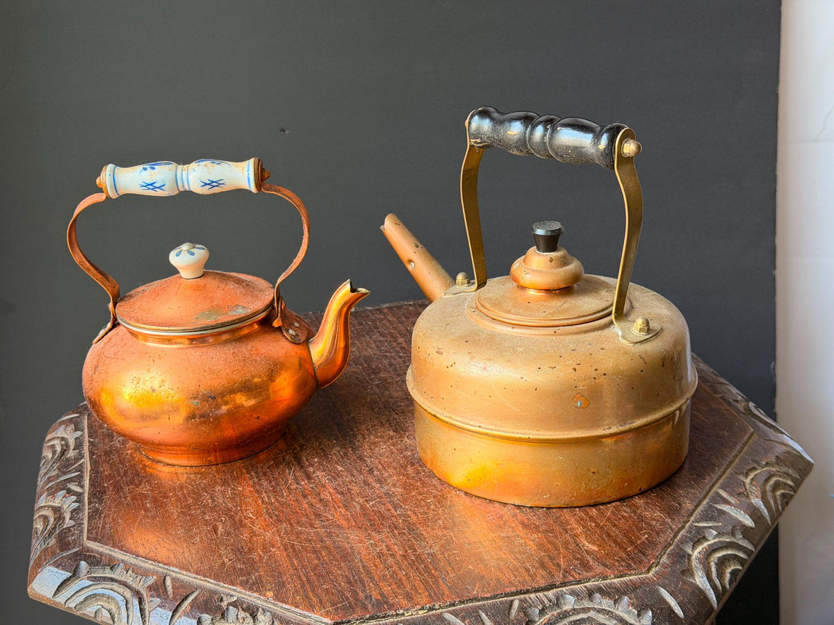 Vintage English Simplex Solid Copper Tea Kettle Set Porcelain Handle Pair 8.5"