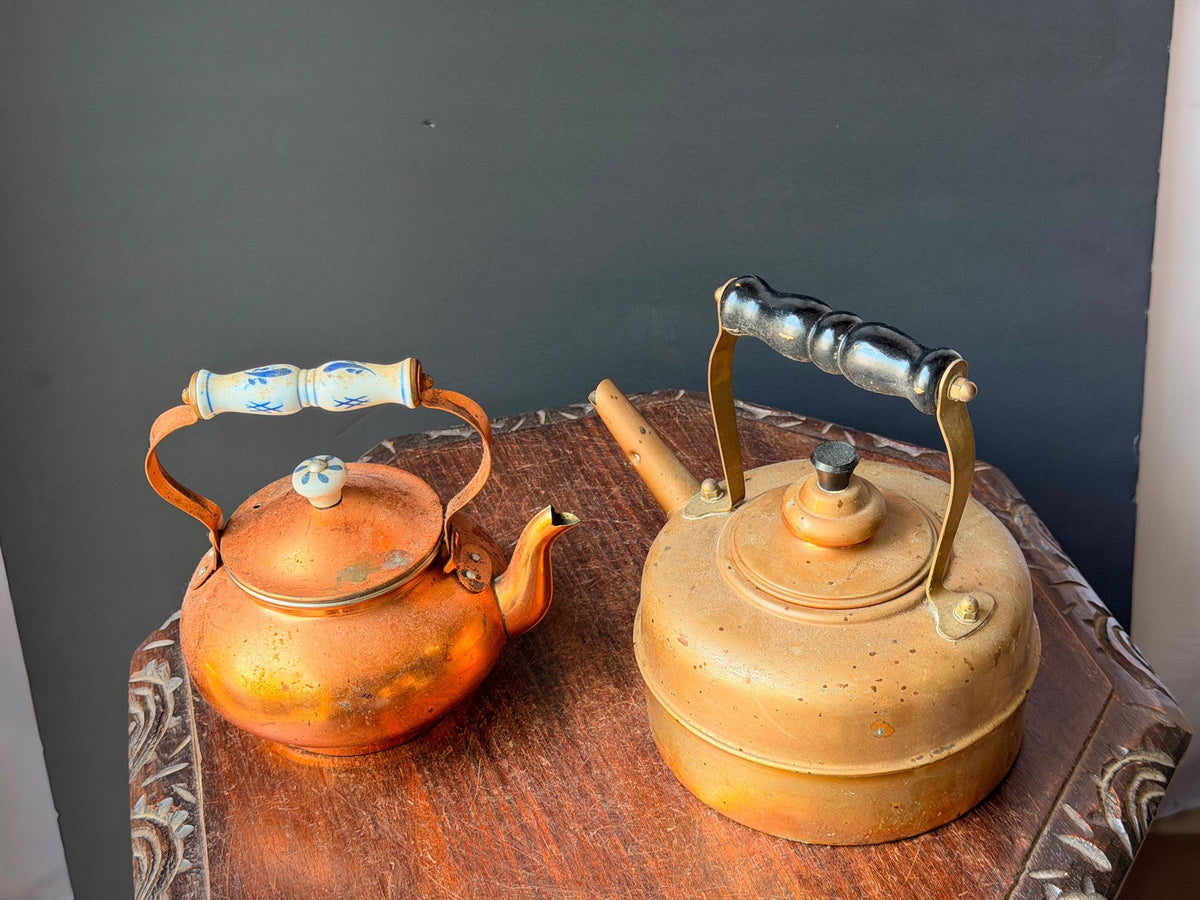 Vintage English Simplex Solid Copper Tea Kettle Set Porcelain Handle Pair 8.5"