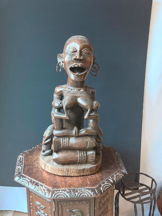 Vintage Yombe Pfemba Carved Wood African Maternity Figure Twins 20.5"