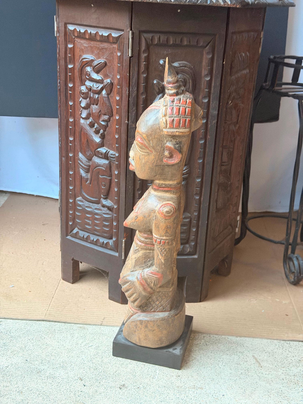 Lulua African Carved Wood Female Statue Red Scarification Figure 20" Congo