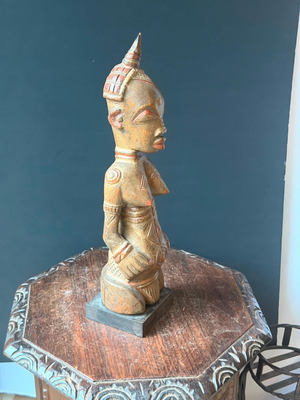 Lulua African Carved Wood Female Statue Red Scarification Figure 20" Congo