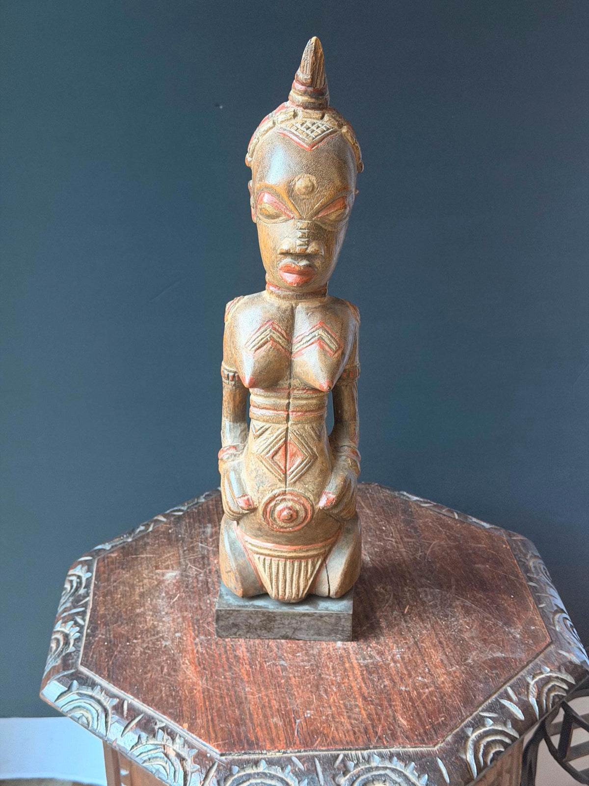 Lulua African Carved Wood Female Statue Red Scarification Figure 20" Congo