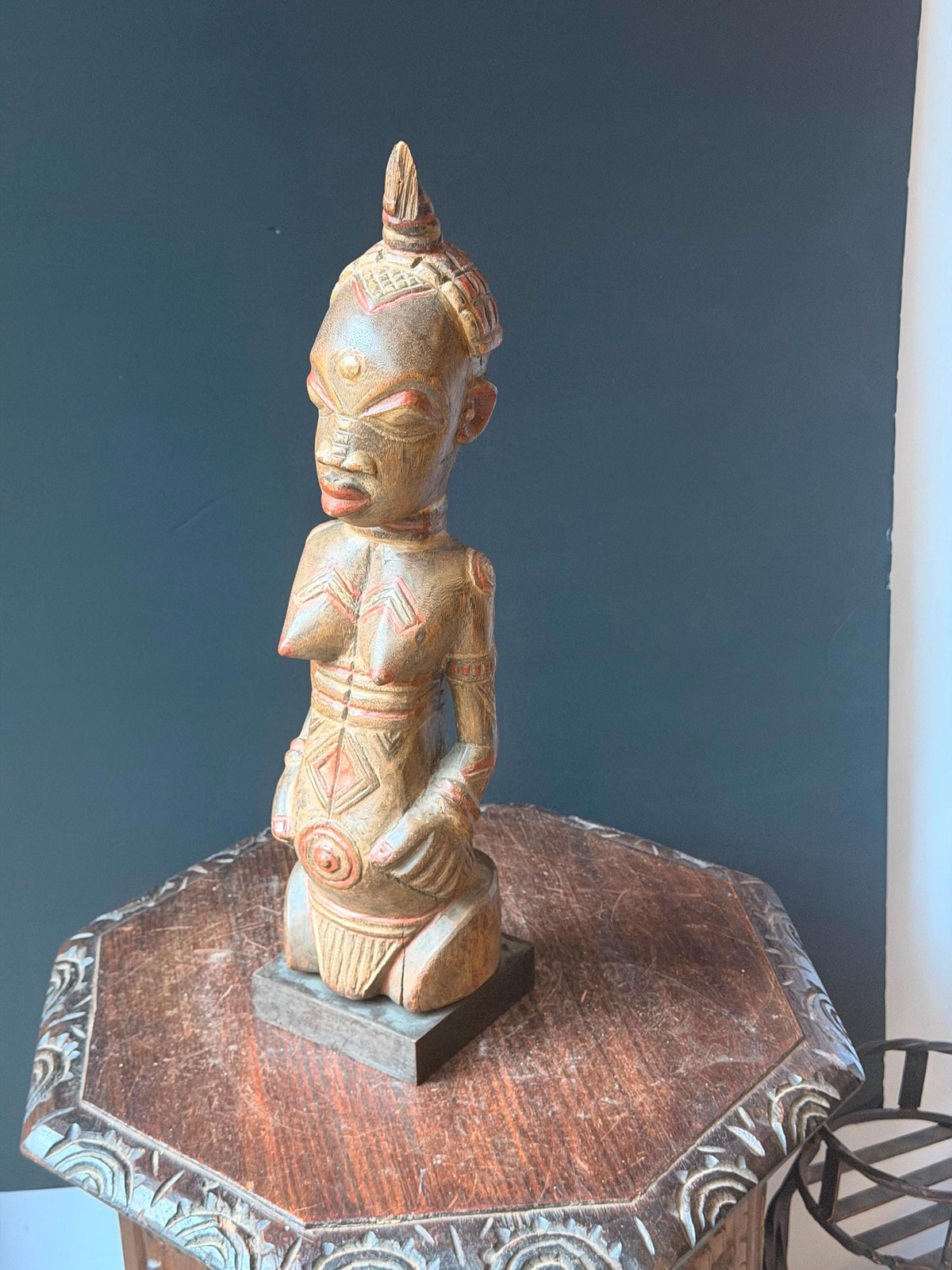Lulua African Carved Wood Female Statue Red Scarification Figure 20" Congo