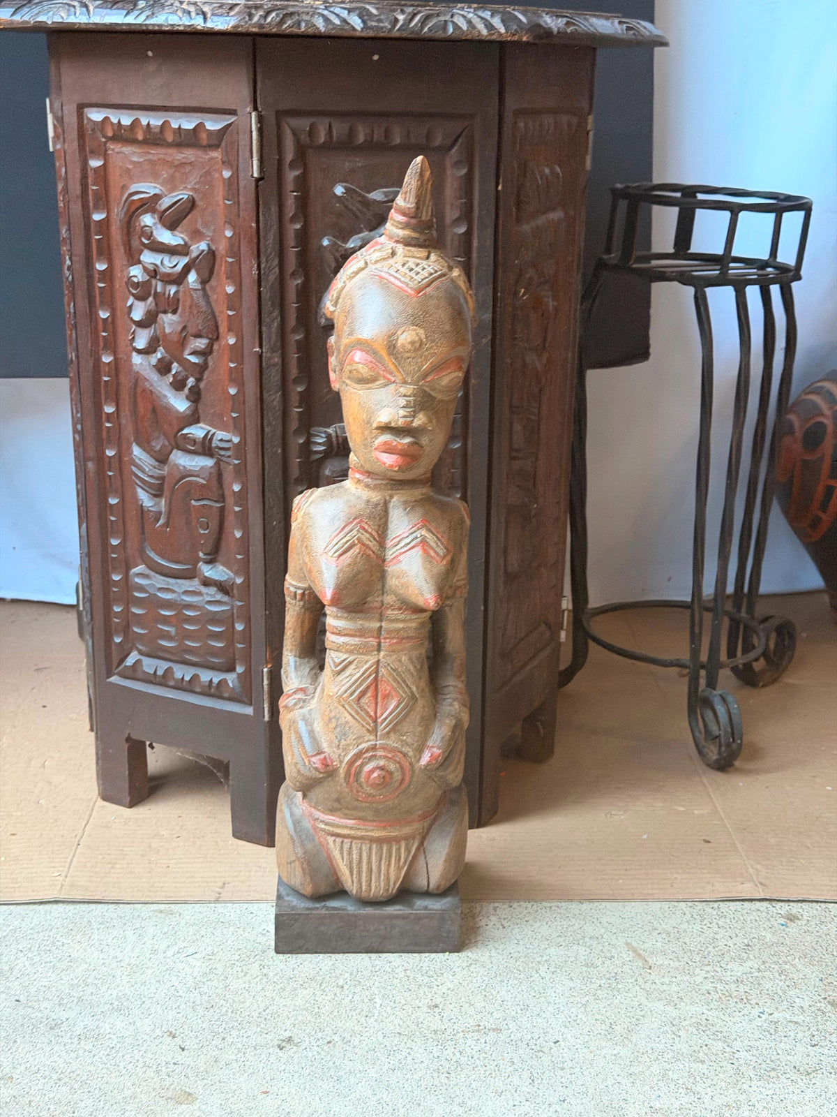 Lulua African Carved Wood Female Statue Red Scarification Figure 20" Congo