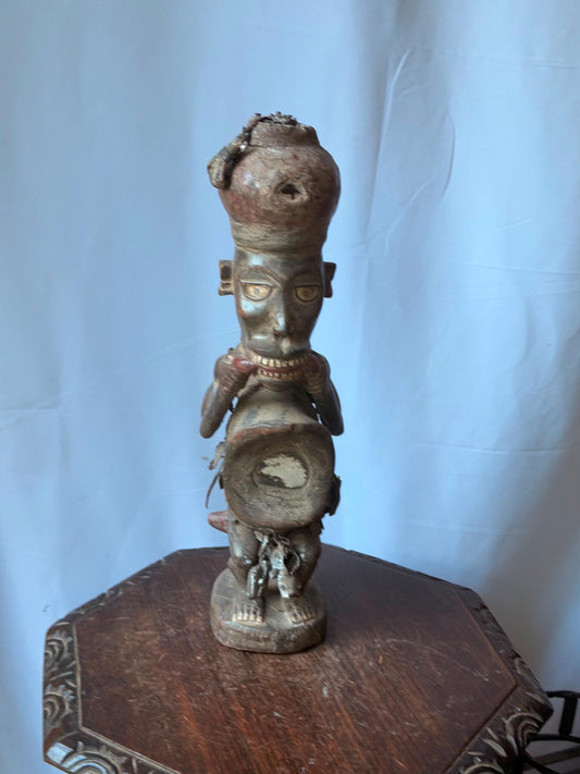 Kongo Yombe Wood Power Figure Mirror Belly Nkisi Statue 20" Congo