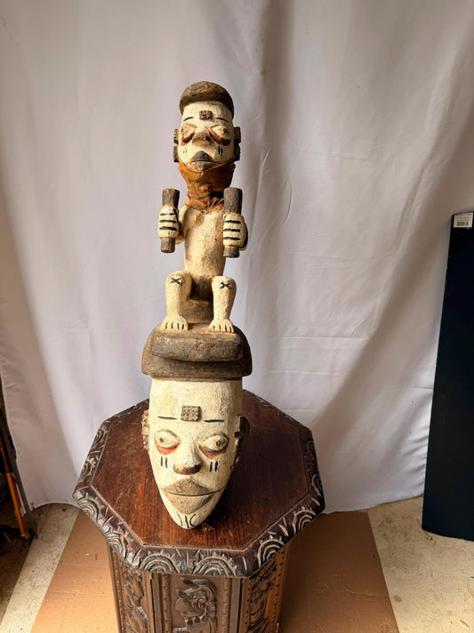 African Carved Wood Ibibio Mask Articulated Jaw Ekpo Crest Figure 28"