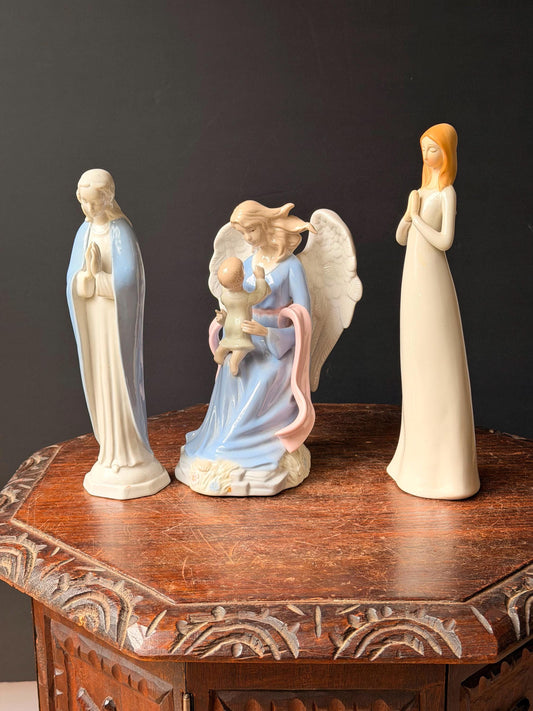 Vintage Porcelain Virgin Mary Madonna Angel Figurines Set 3 Sacred Art