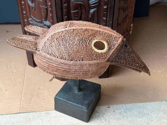 Vintage Oceanian Woven Fiber Bird Mask Avian Tribal Mask Custom Display Stand