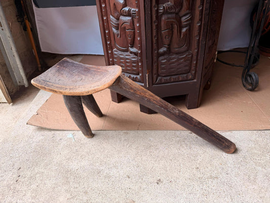 Vintage Lobi Carved Wood Headrest African Neckrest Stool 18" Tripod Sculptural