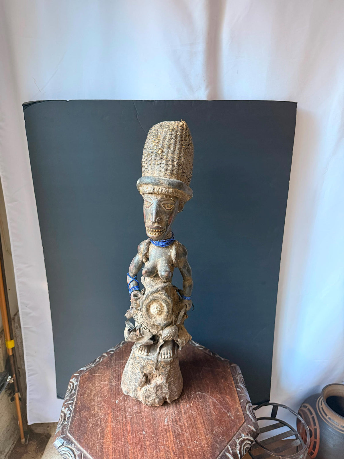 Vintage Kongo Yombe Nkisi Power Figure 25" African Carved Wood Fetish Statue