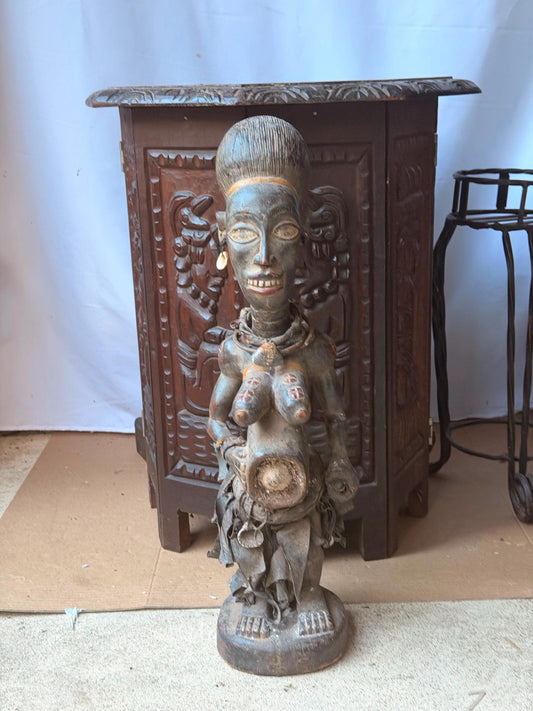 Vintage Kongo Yombe Nkisi Female Figure Carved Wood African Statue 21.5"