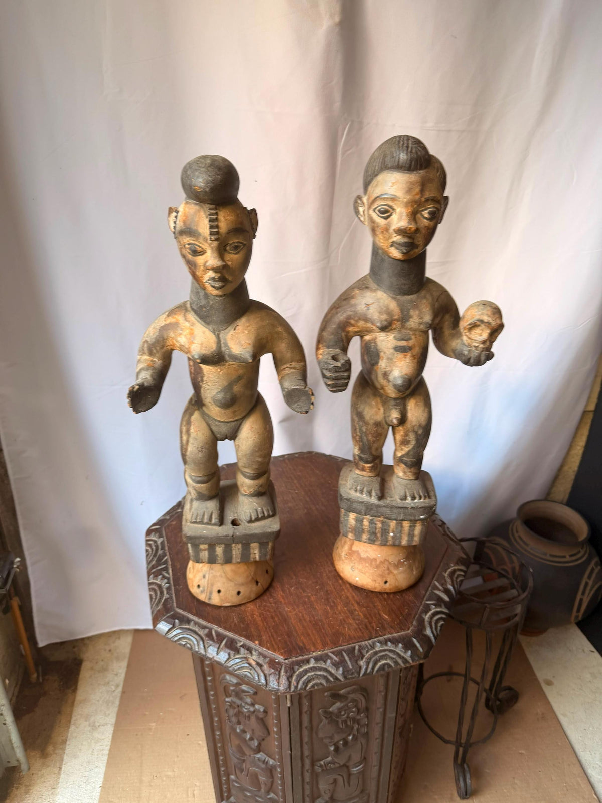 Vintage Igbo Alusi Figure Pair Carved Wood Male Female Skull Statue 22"