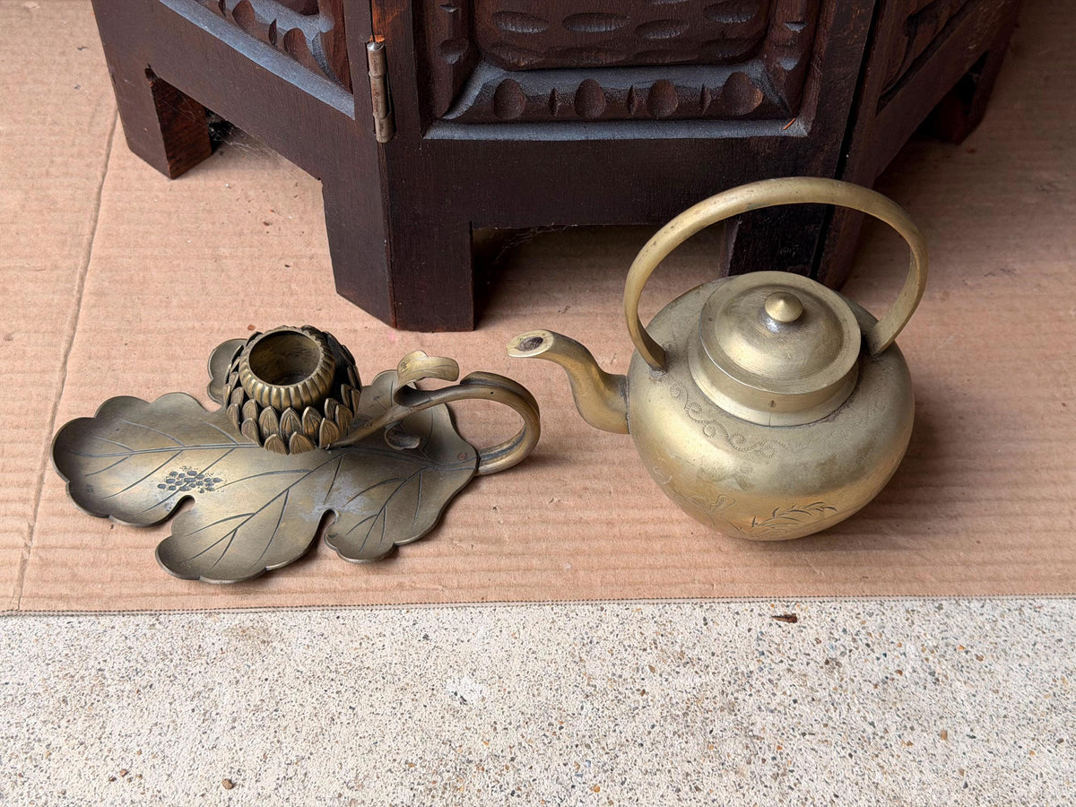 Vintage Brass Teapot & Lotus Leaf Candlestick Set Chased Floral Teaware Accent