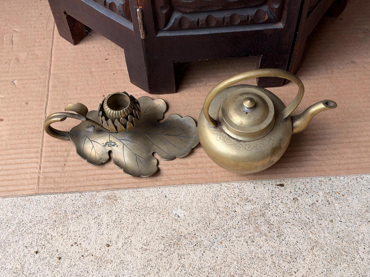 Vintage Brass Teapot & Lotus Leaf Candlestick Set Chased Floral Teaware Accent