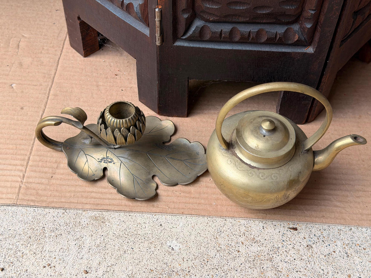 Vintage Brass Teapot & Lotus Leaf Candlestick Set Chased Floral Teaware Accent