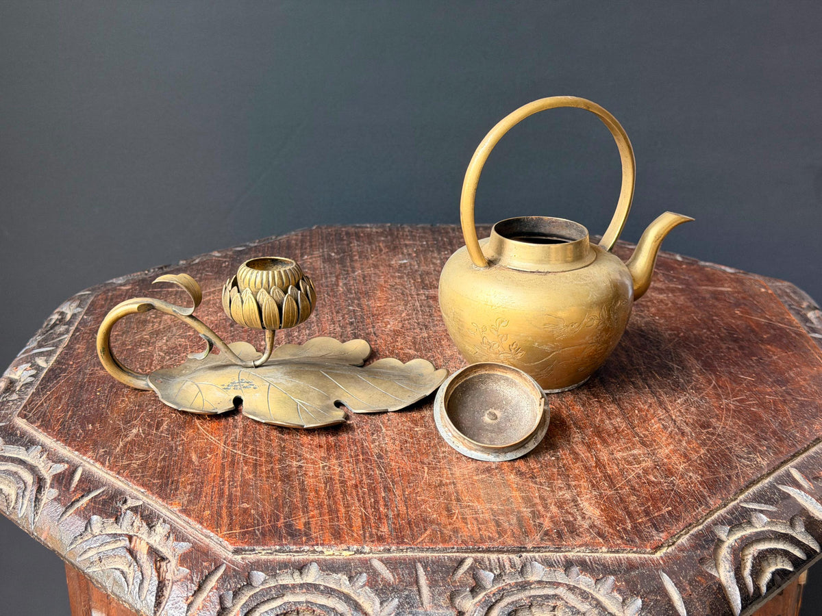Vintage Brass Teapot & Lotus Leaf Candlestick Set Chased Floral Teaware Accent