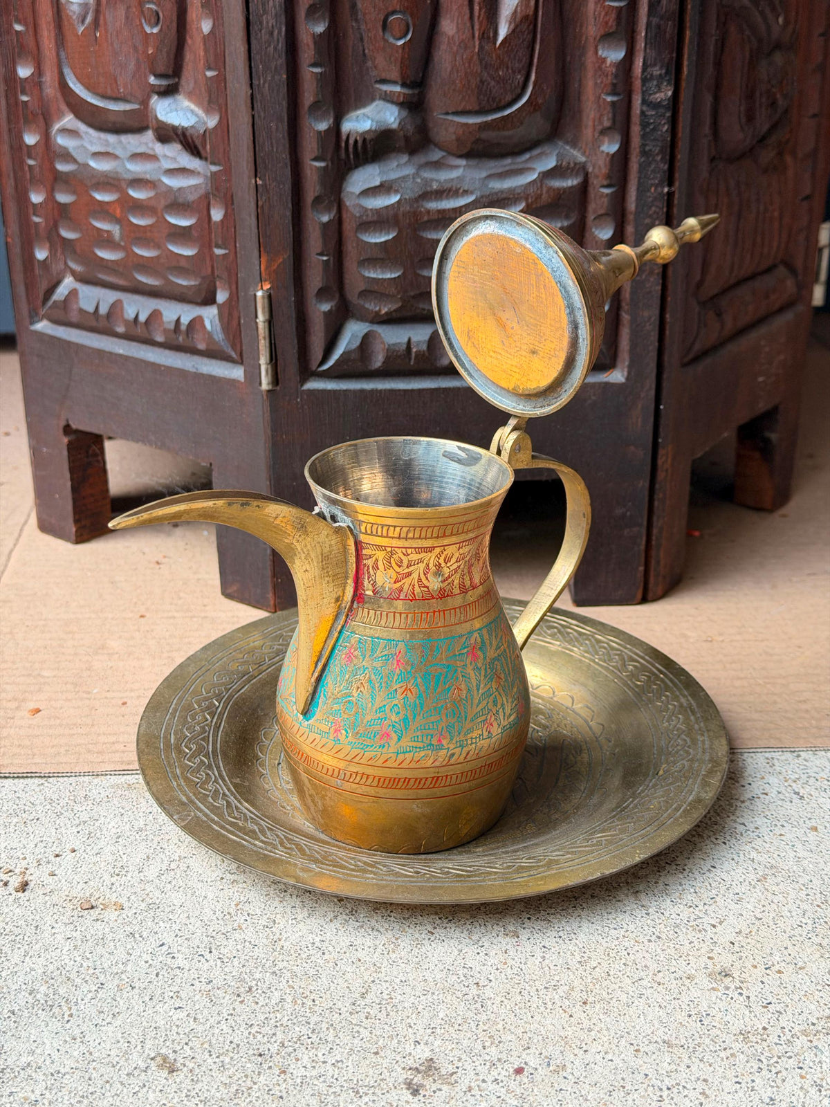 Vintage Indian Brass Dallah Coffee Pot Enamel Floral Pitcher Underplate Set