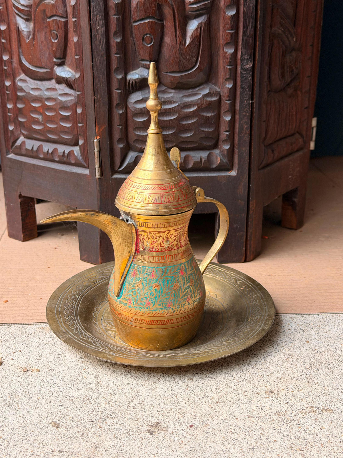 Vintage Indian Brass Dallah Coffee Pot Enamel Floral Pitcher Underplate Set