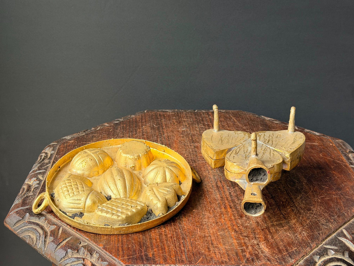 Vintage Brass Kue Waffle Iron & Multi-Cavity Cake Mold Pastry Press Set