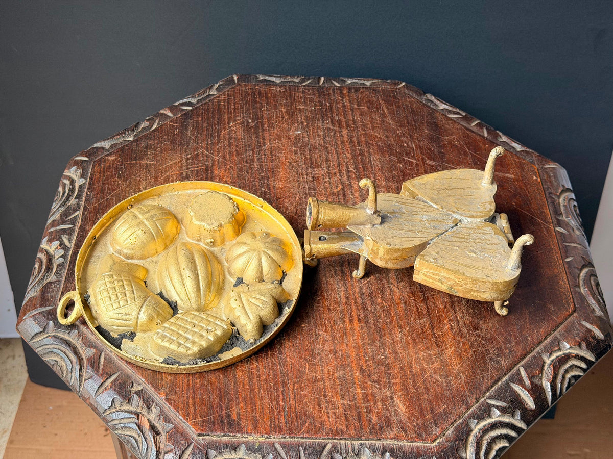 Vintage Brass Kue Waffle Iron & Multi-Cavity Cake Mold Pastry Press Set