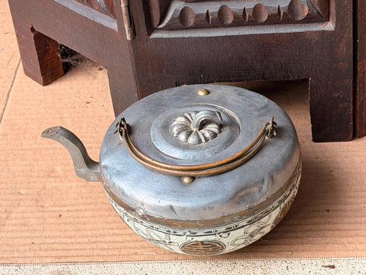 Vintage Pewter Enamel Teapot Shou Symbol Infuser Kettle Decorative Teaware