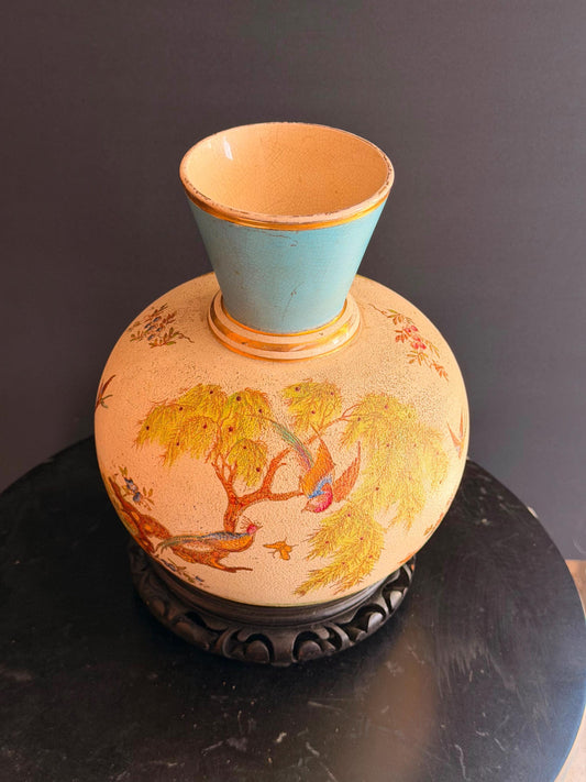 Vintage Crown Albion Pottery Vase Pheasant Birds Turquoise Neck Stand 8 In