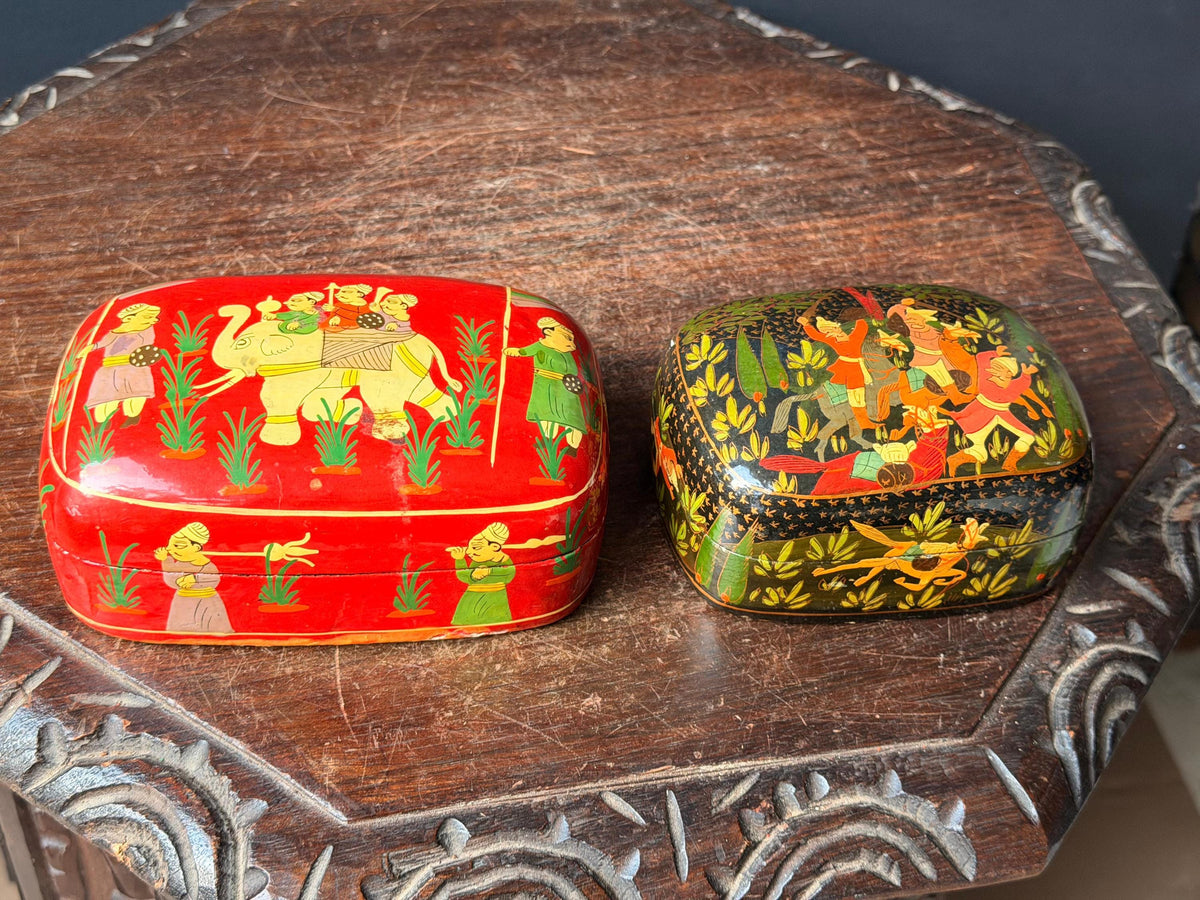 Vintage Indian Hand Painted Lacquer Wood Box Set Royal Procession 6"