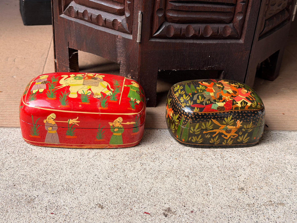 Vintage Indian Hand Painted Lacquer Wood Box Set Royal Procession 6"