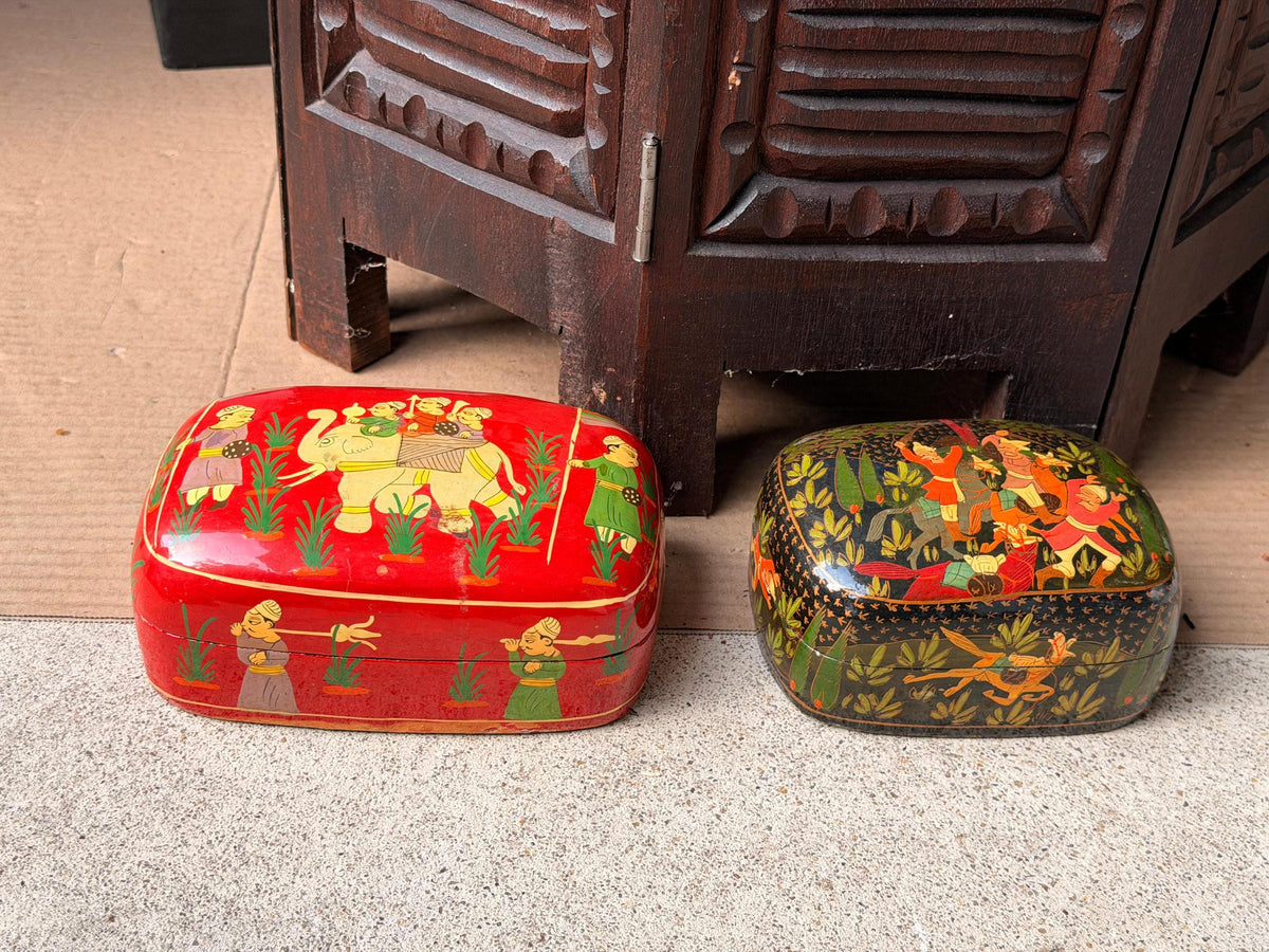 Vintage Indian Hand Painted Lacquer Wood Box Set Royal Procession 6"