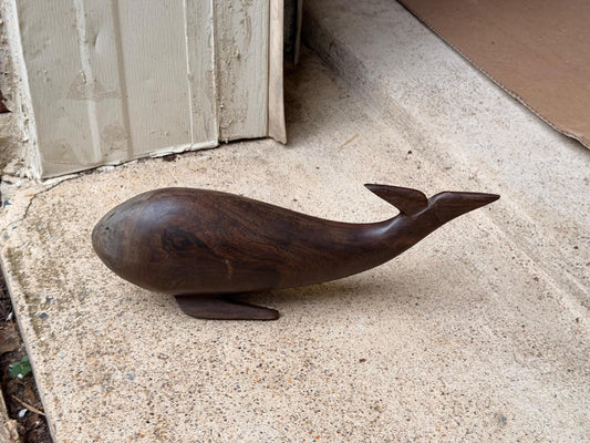 Vintage Hand Carved Heavy Ironwood Whale Figurine Mid Century Modern 11in