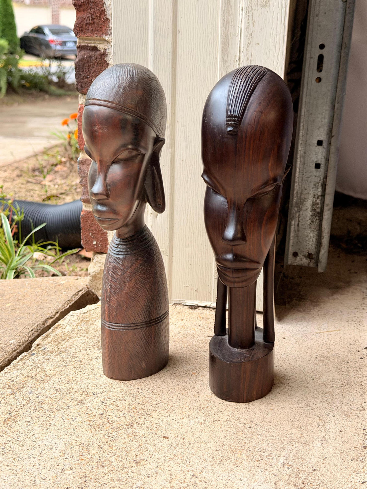 Vintage East African Hand Carved Hardwood Bust Pair Sculptures 12in