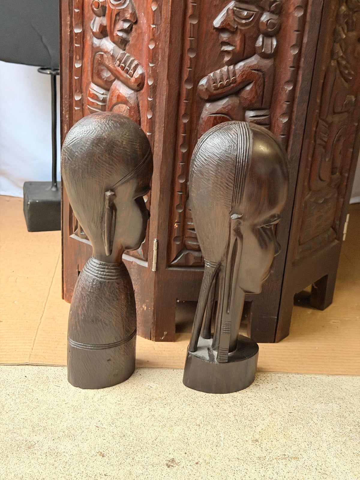 Vintage East African Hand Carved Hardwood Bust Pair Sculptures 12in