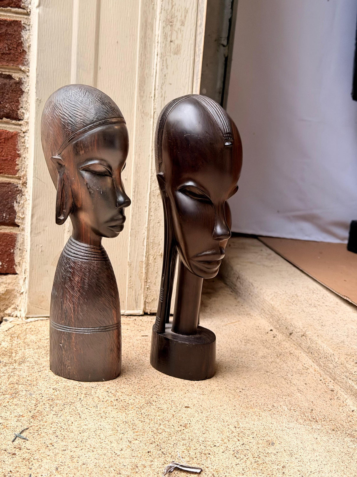 Vintage East African Hand Carved Hardwood Bust Pair Sculptures 12in