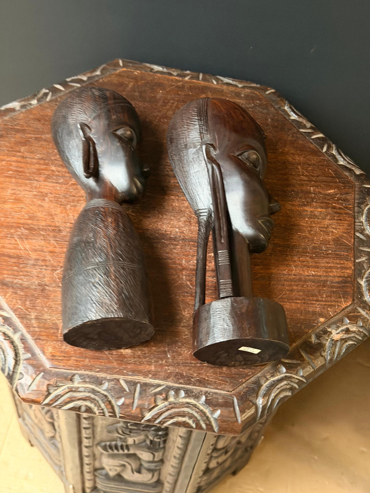 Vintage East African Hand Carved Hardwood Bust Pair Sculptures 12in