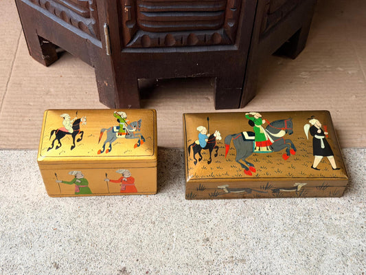 Vintage Hand Painted Gold Wood Box Set Indian Equestrian Hunt Folk Art