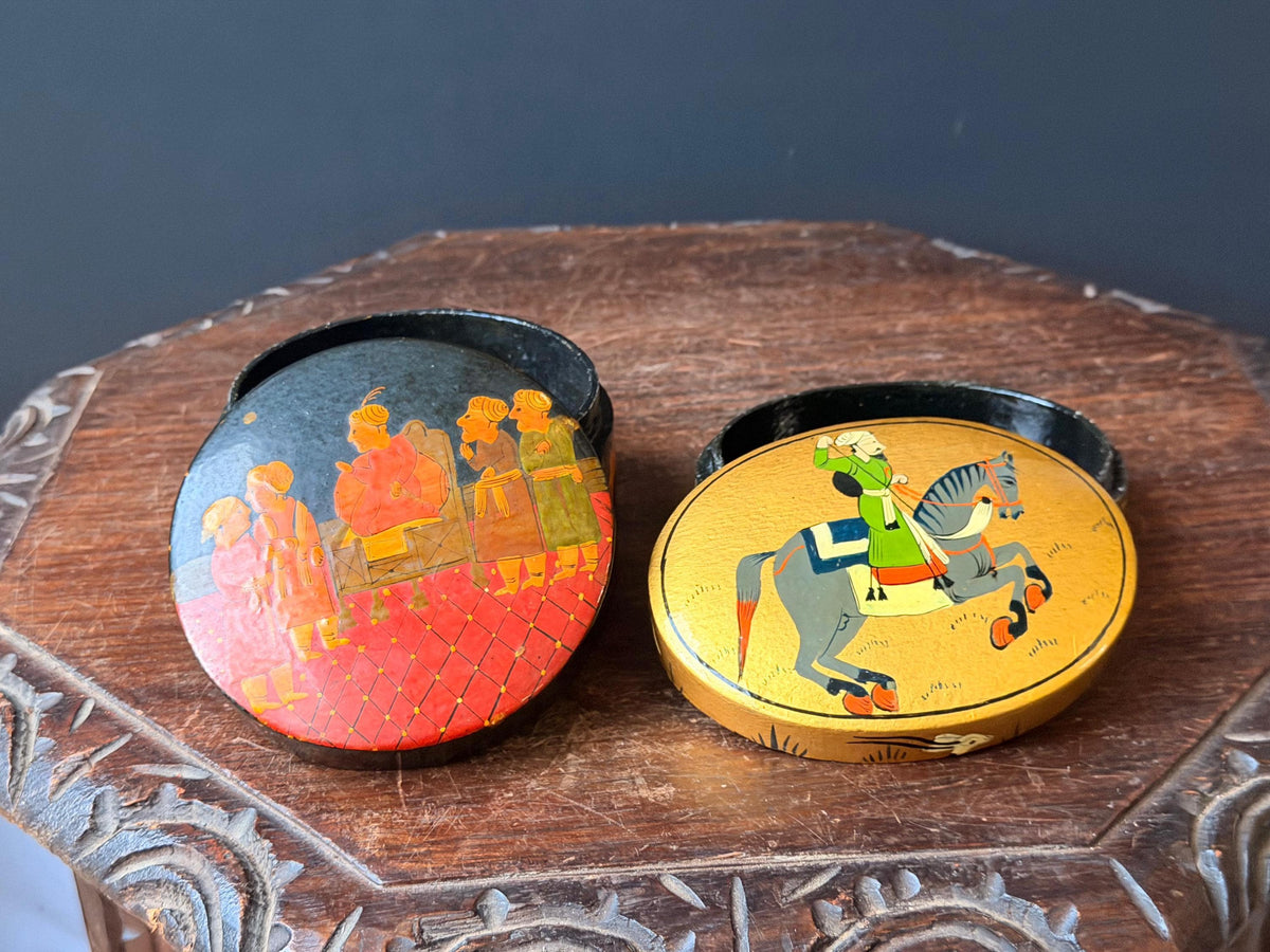 Vintage Hand Painted Wood Box Set Indian Royal Court Equestrian Folk Art