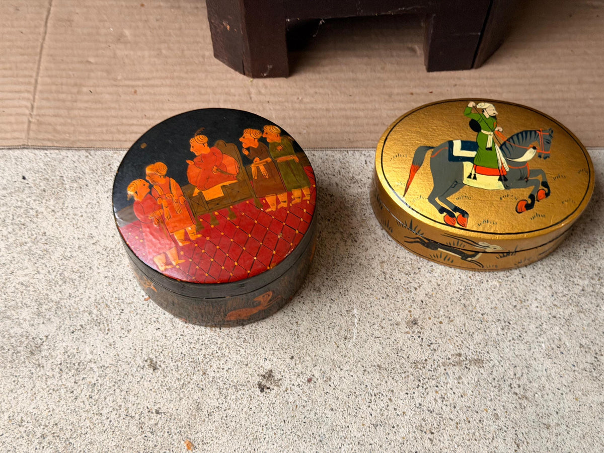 Vintage Hand Painted Wood Box Set Indian Royal Court Equestrian Folk Art