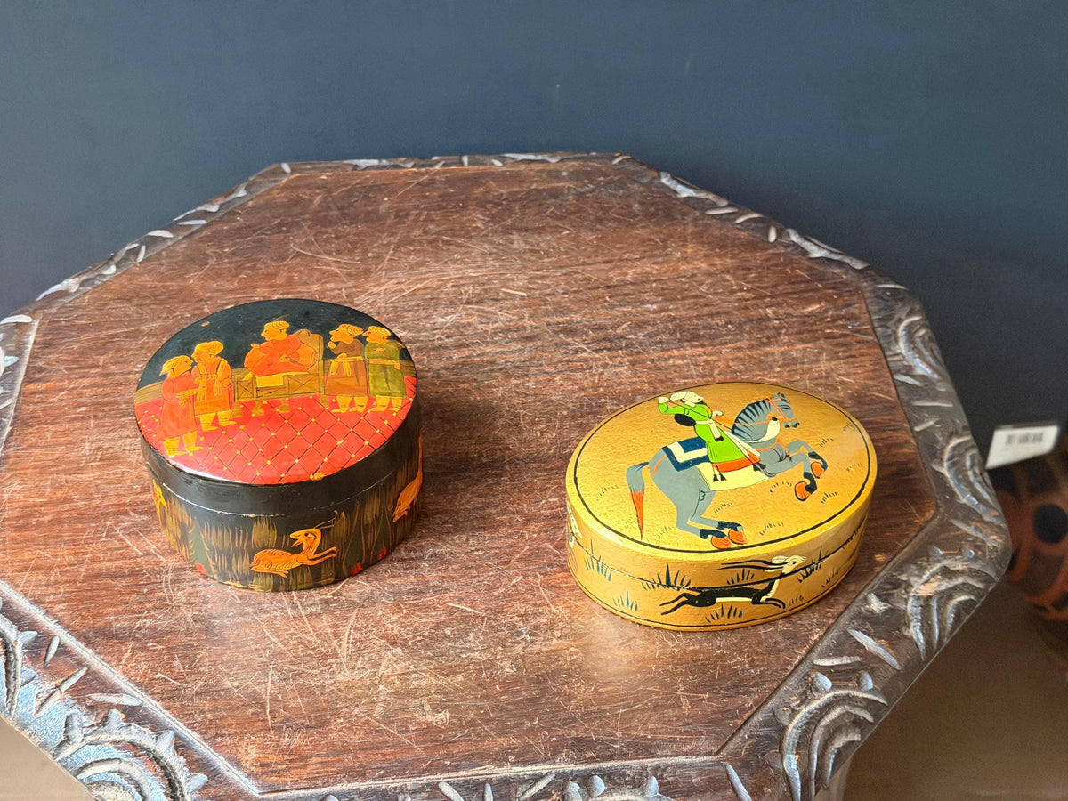 Vintage Hand Painted Wood Box Set Indian Royal Court Equestrian Folk Art