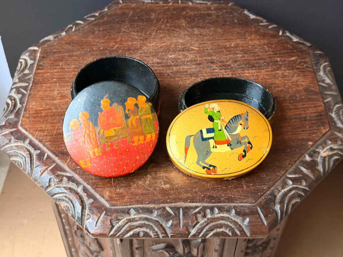 Vintage Hand Painted Wood Box Set Indian Royal Court Equestrian Folk Art