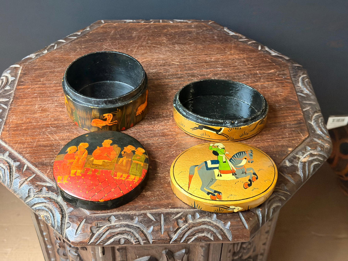 Vintage Hand Painted Wood Box Set Indian Royal Court Equestrian Folk Art