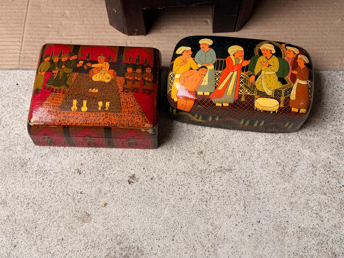 Vintage Hand Painted Lacquer Wood Box Set Indian Royal Darbar Folk Art