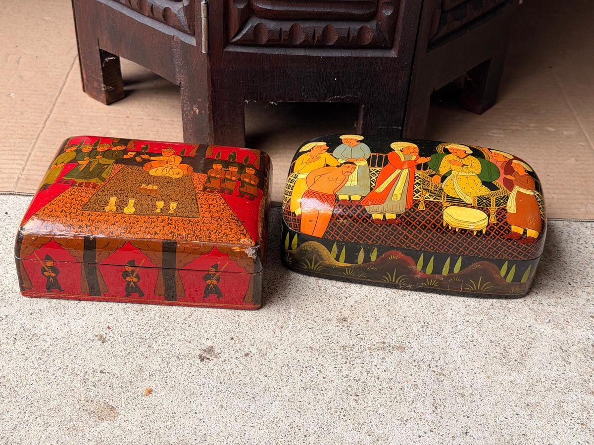 Vintage Hand Painted Lacquer Wood Box Set Indian Royal Darbar Folk Art