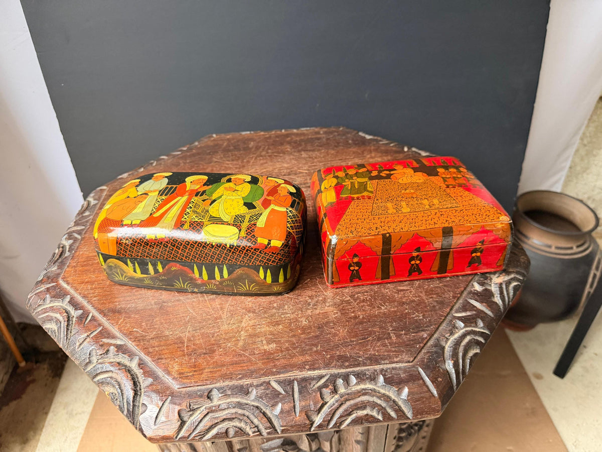 Vintage Hand Painted Lacquer Wood Box Set Indian Royal Darbar Folk Art