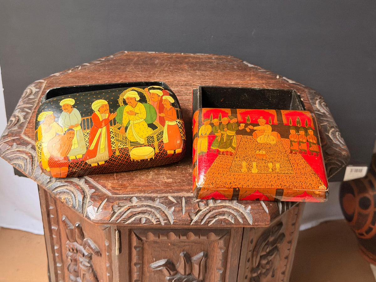 Vintage Hand Painted Lacquer Wood Box Set Indian Royal Darbar Folk Art