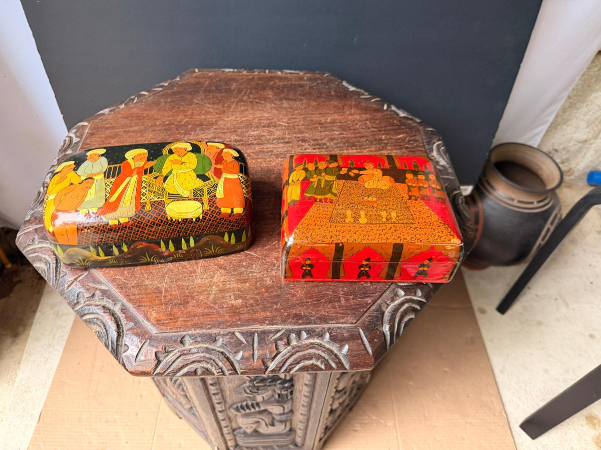 Vintage Hand Painted Lacquer Wood Box Set Indian Royal Darbar Folk Art