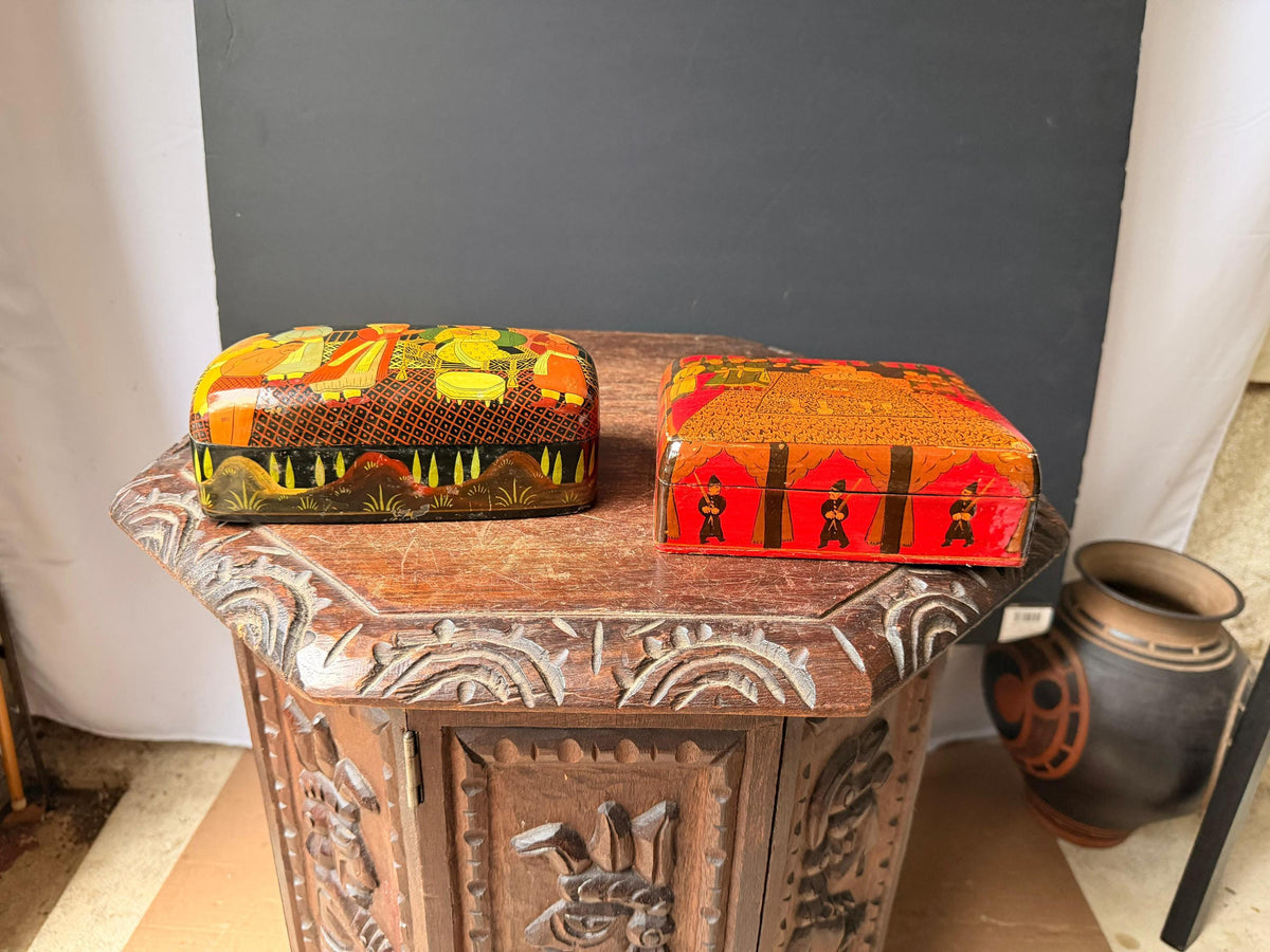 Vintage Hand Painted Lacquer Wood Box Set Indian Royal Darbar Folk Art