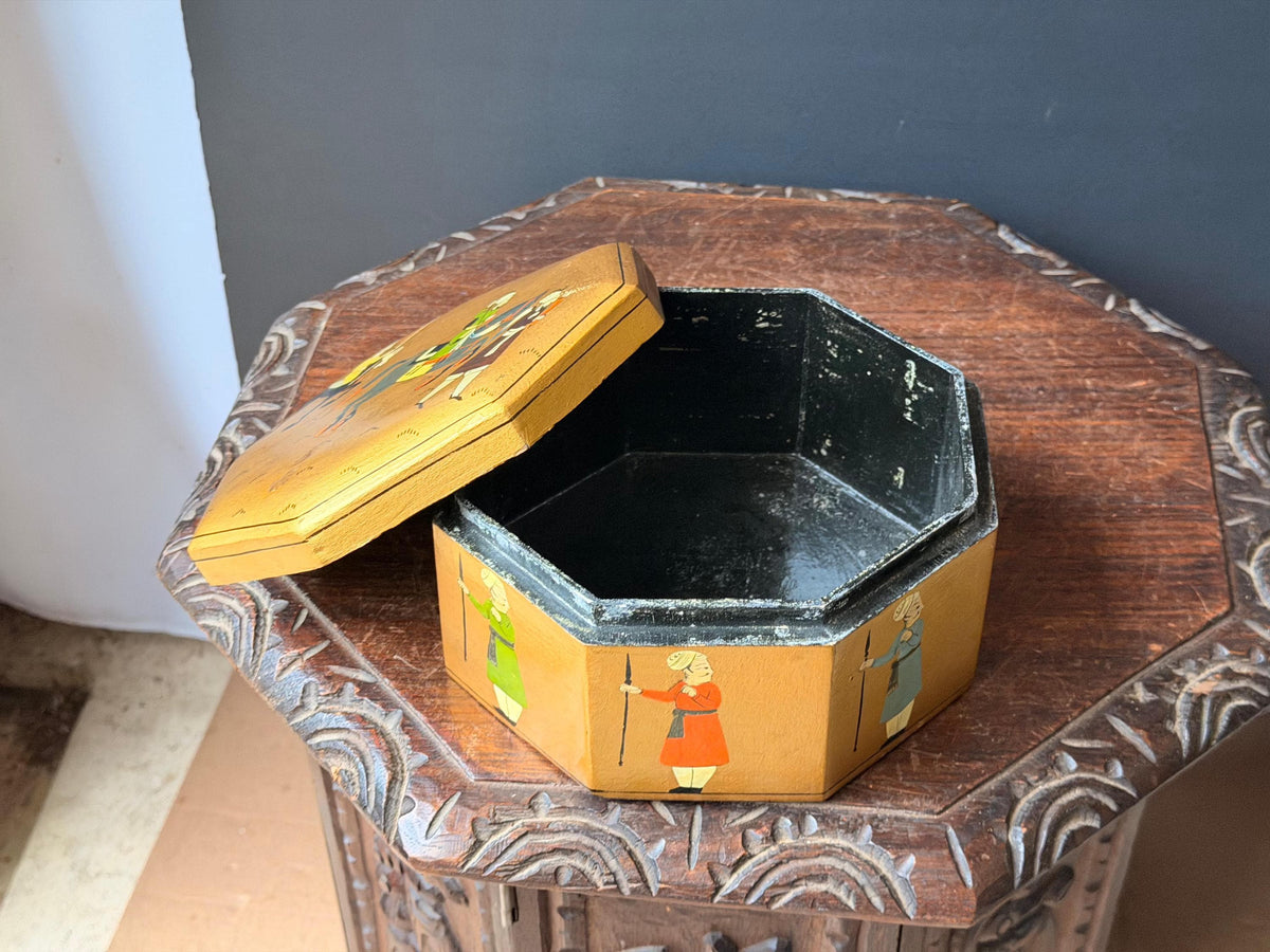 Vintage Hand Painted Gold Wood Box Octagonal Indian Equestrian Folk Art